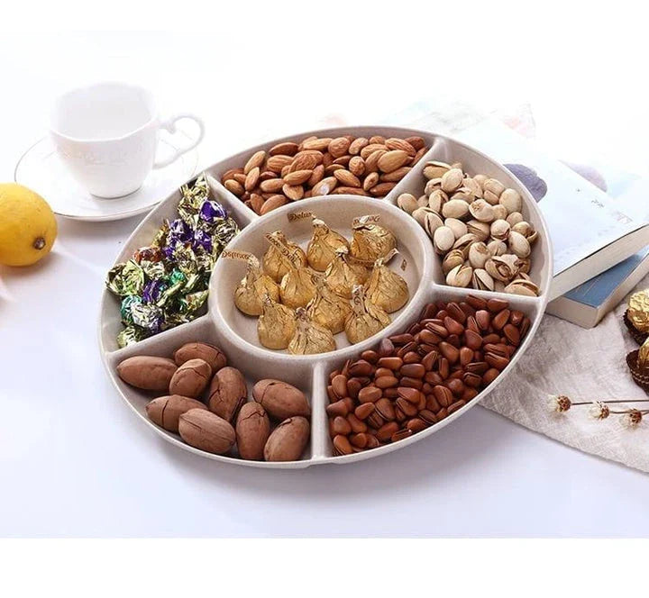 Stylish plastic plate in green and khaki colors, perfect for serving individual snacks or shared platters