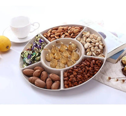 Stylish plastic plate in green and khaki colors, perfect for serving individual snacks or shared platters