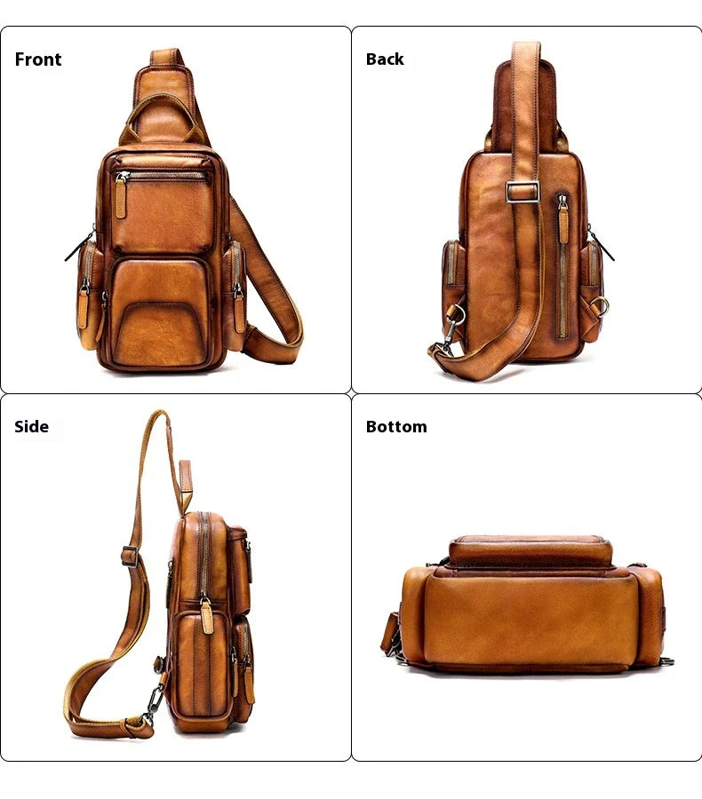 Men's casual first layer cowhide small chest bag in light brown color, featuring a compact and versatile design for everyday use