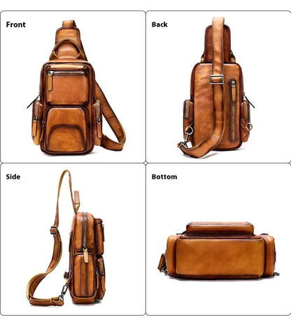 Men's casual first layer cowhide small chest bag in light brown color, featuring a compact and versatile design for everyday use