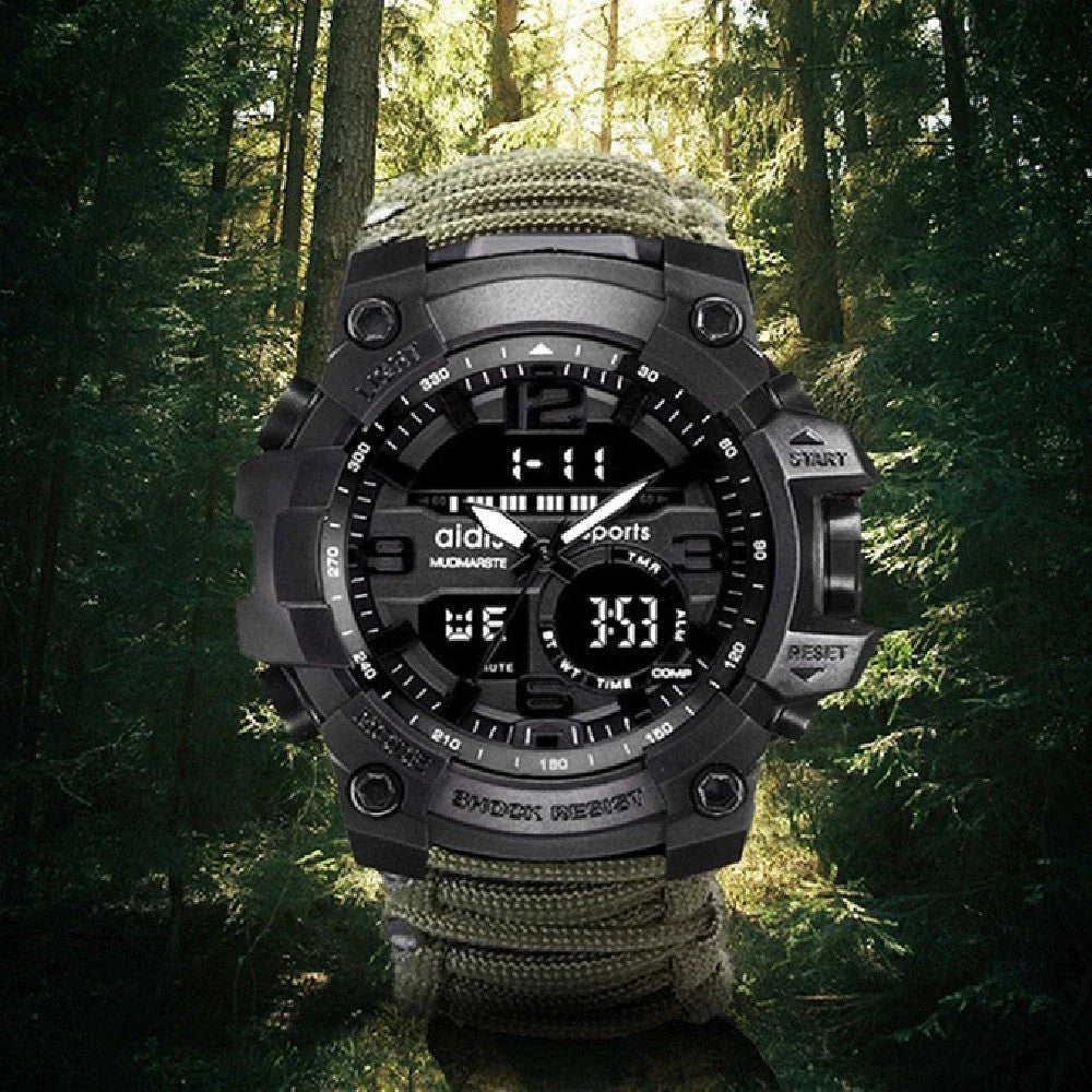 Outdoor survival watch with compass, parachute cord, and water-resistant design for rugged adventures