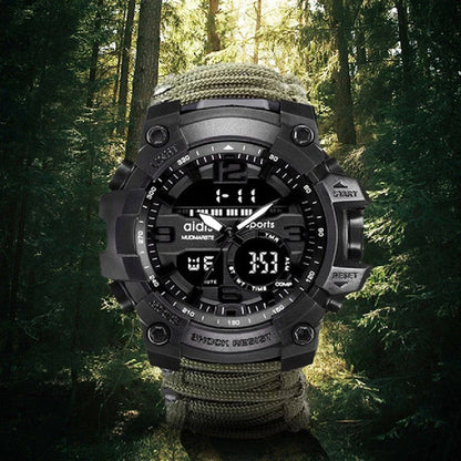 Outdoor survival watch with compass, parachute cord, and water-resistant design for rugged adventures