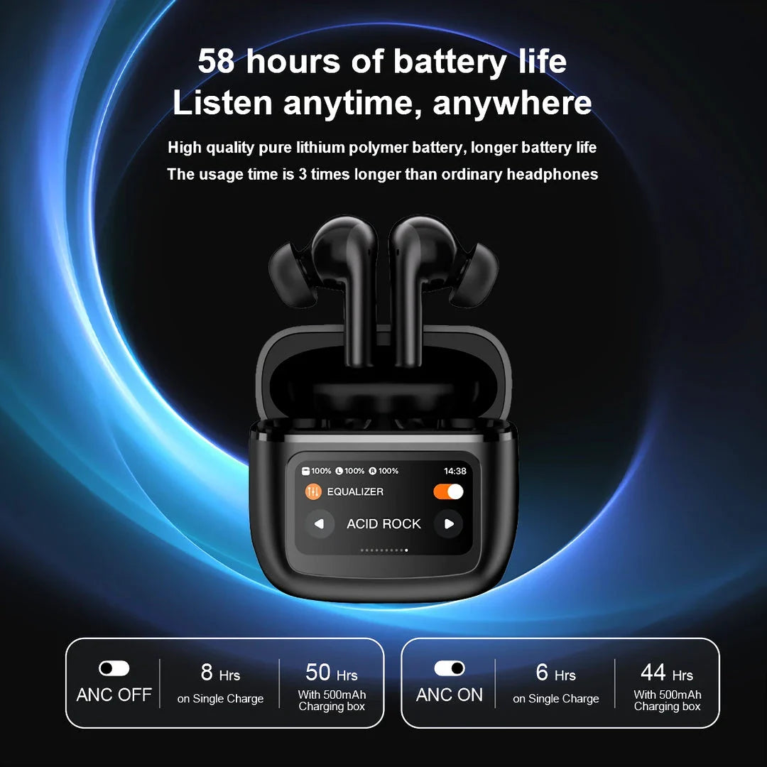 Advanced ANC wireless earphones with smart touchscreen charging case for seamless audio control
