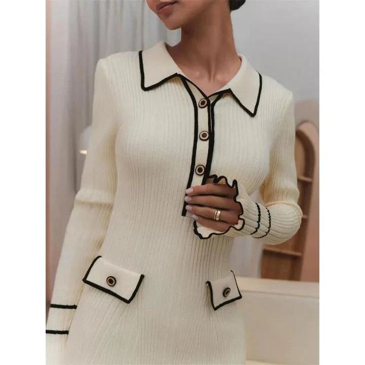 Elegant ruffled knit mini dress in black with high stretch fabric and patchwork pattern for a sophisticated and comfortable look