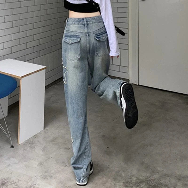 Premium embroidered high-rise straight leg denim jeans in a classic blue color