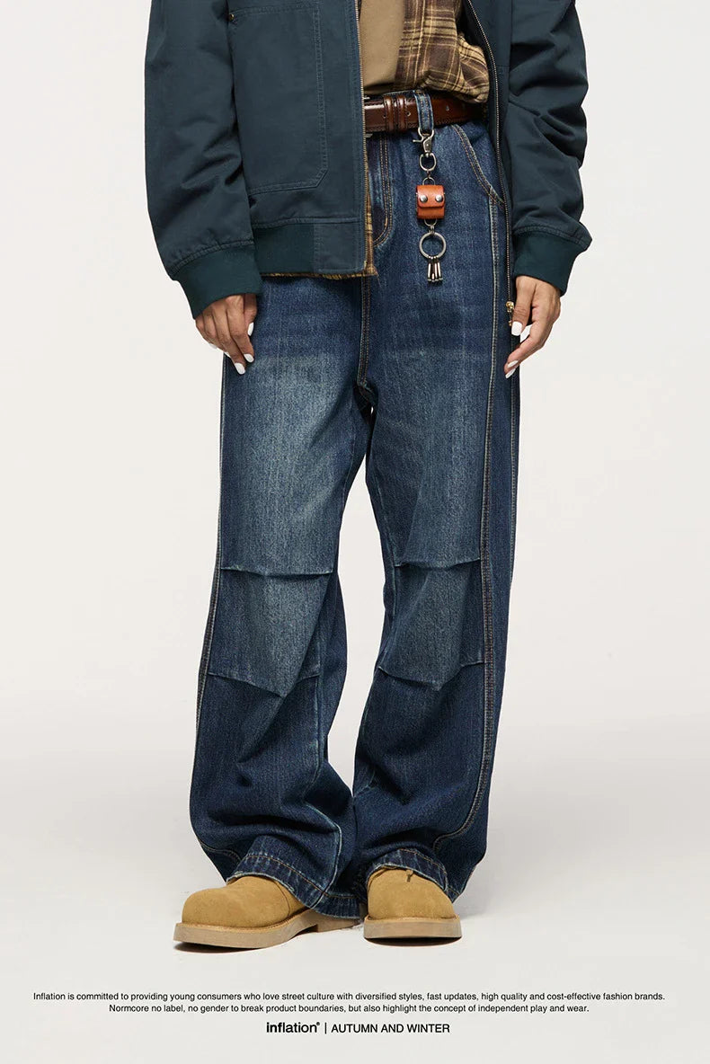 Men's relaxed fit retro straight-leg jeans in black, gray, and denim blue with vintage-inspired details