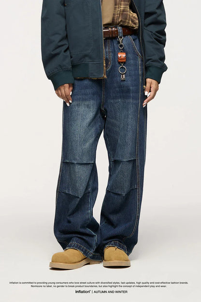 Men's relaxed fit retro straight-leg jeans in black, gray, and denim blue with vintage-inspired details