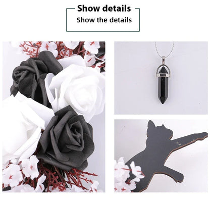 Halloween White Flower Black Rose Dried Wood Moon Cat Garland Ornaments