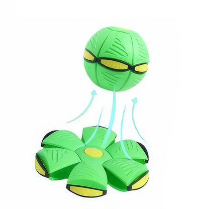Transforming dog toy with UFO-shaped ball that changes shape for interactive outdoor play