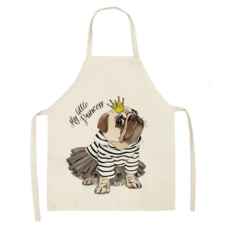Charming pug-themed apron with a vibrant print, made of durable cotton and linen materials for practical kitchen use.