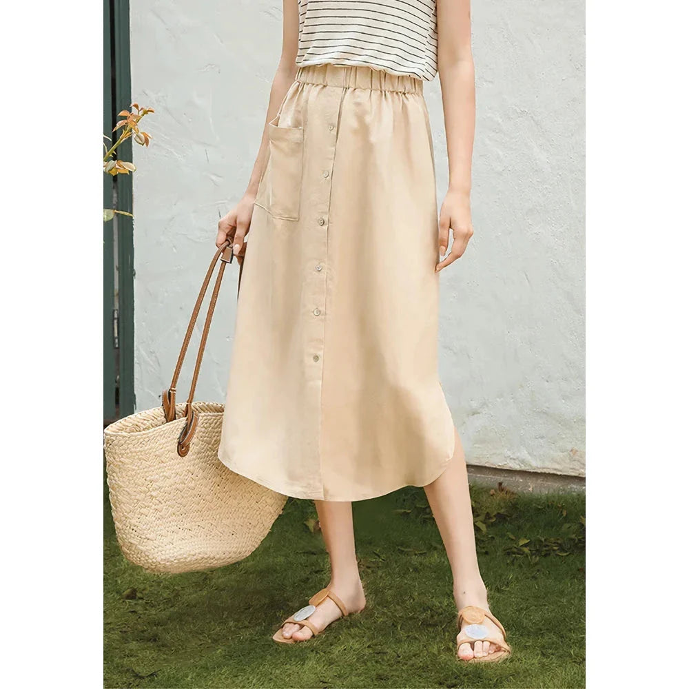 Elegant cotton linen maxi skirt with high waist, button-up front, and side split for a flowing, comfortable look