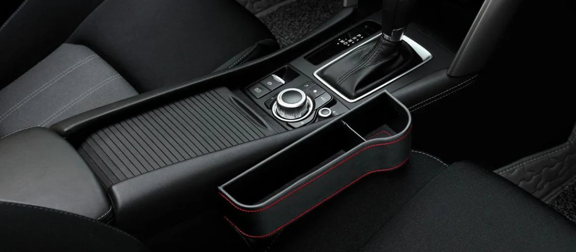 Multifunctional Car Seat Organizer with dedicated slots for phones, chargers, drinks, and cards, featuring a stylish polyurethane leather design.