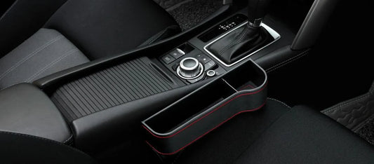 Multifunctional Car Seat Organizer with dedicated slots for phones, chargers, drinks, and cards, featuring a stylish polyurethane leather design.