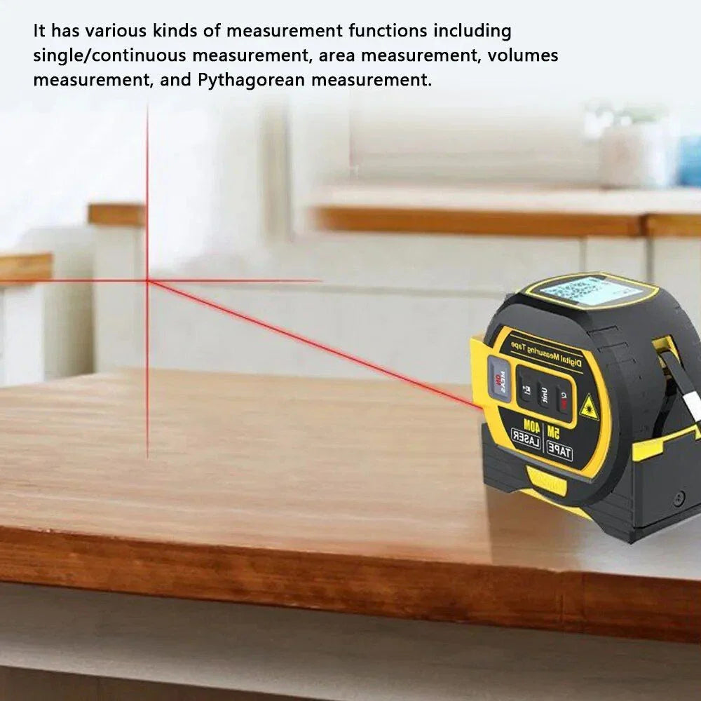 Multifunctional Laser Distance Meter with 5-meter tape measure and laser cross-marking features for precise measurements in construction and DIY projects.