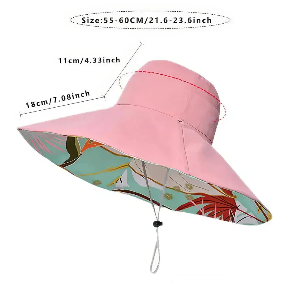 Fashionable Large Brim Women's Sun Hat in Beige with Reversible Floral Print Design