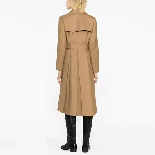 Elegant double-breasted women's trench coat in beige color with sash and pockets for a timeless, versatile style