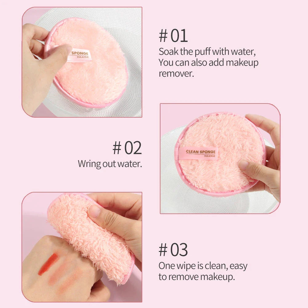 Premium 3-Piece Reusable Makeup Removal Sponge Set in pink color with various shaped microfiber suede pads and storage box