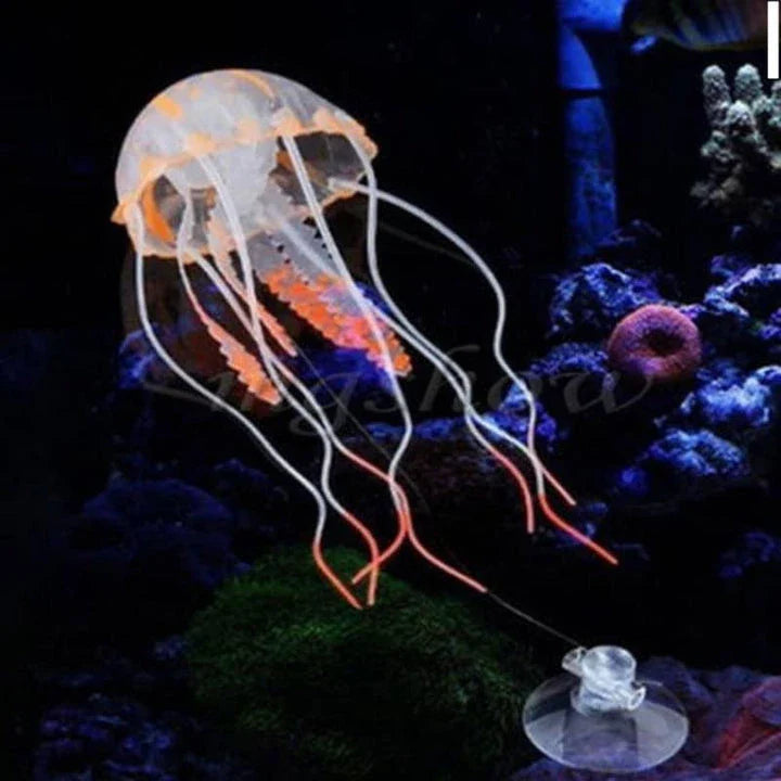 Glowing artificial jellyfish decoration with pulsing silicone tentacles and a fluorescent powder glow, ideal for aquariums and water features