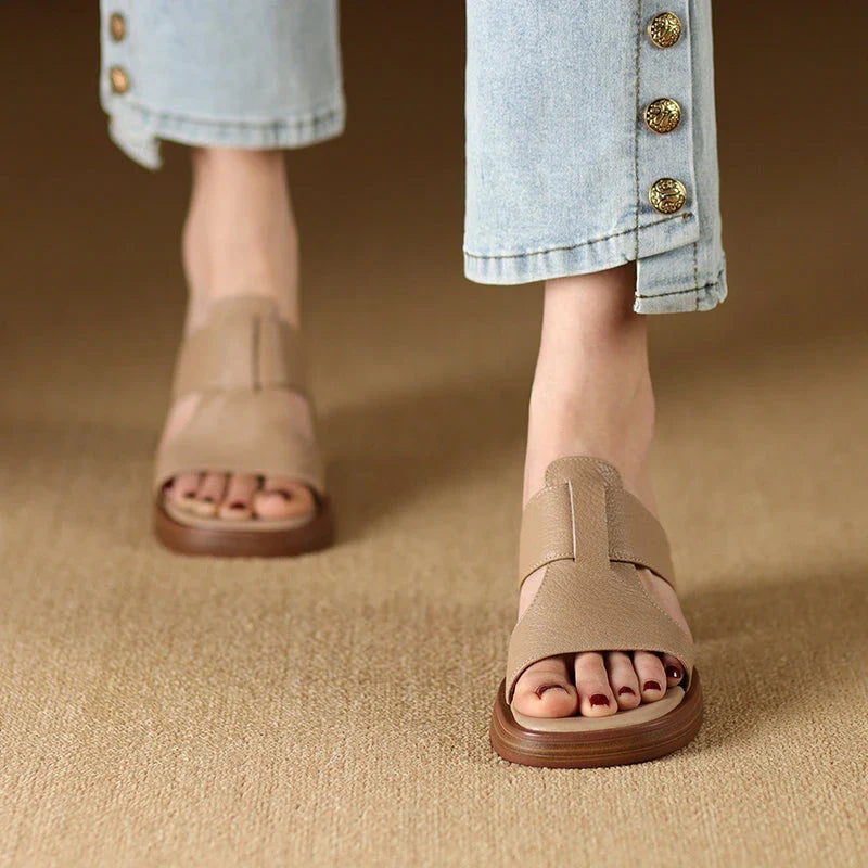 Women's Leather Peep Toe High Heel Sandals in Black, featuring genuine leather upper, sheepskin lining, and stylish square heel design