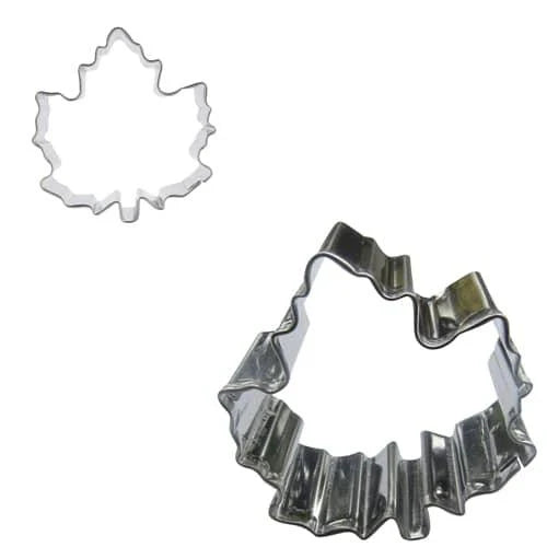 Maple leaf shaped stainless steel cookie cutter in various sizes, an eco-friendly baking tool for creating unique cookies