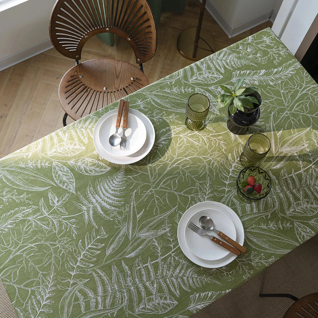 Green Leaf Sketching Dining Table Cloth with a charming jacquard weave and printed leaf pattern