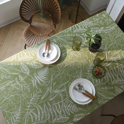 Green Leaf Sketching Dining Table Cloth with a charming jacquard weave and printed leaf pattern