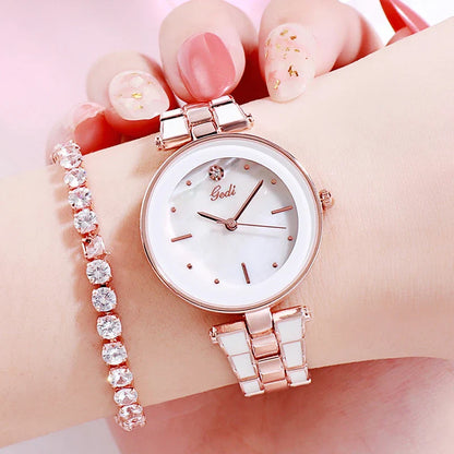 Trendy Korean-style white quartz ladies watch with rose gold accents and stainless steel strap