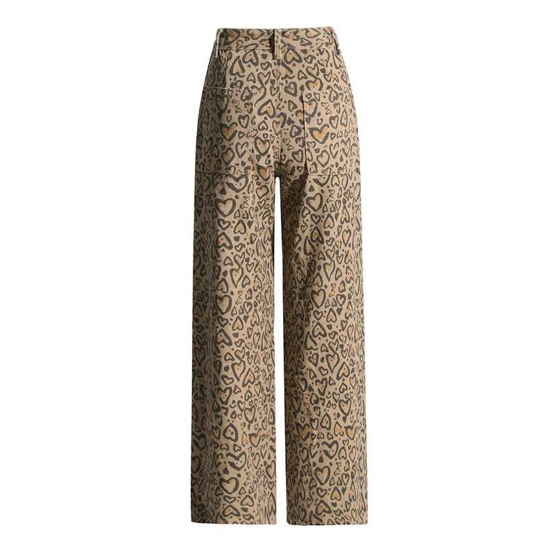 Chic high-waisted patchwork leopard print denim trousers with rivet details and wide-leg silhouette