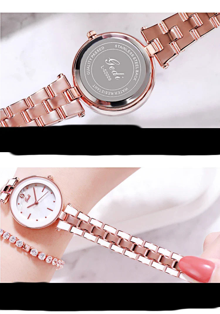 Trendy Korean-style white quartz ladies watch with rose gold accents and stainless steel strap