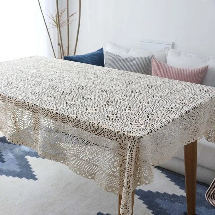 Rectangular cotton lace tablecloth in beige color with elegant lace pattern, available in various sizes for home dining