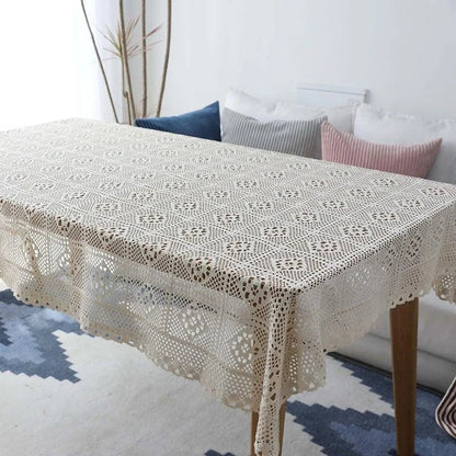 Rectangular cotton lace tablecloth in beige color with elegant lace pattern, available in various sizes for home dining