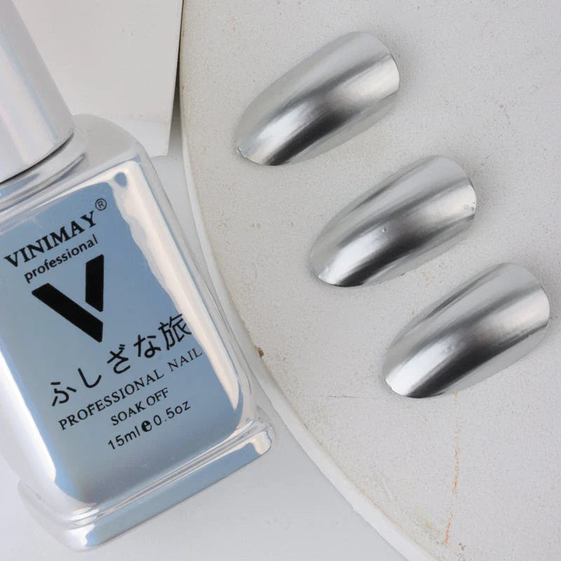 Metallic Mirror Silver Gel Nail Polish with a luxurious, high-gloss finish