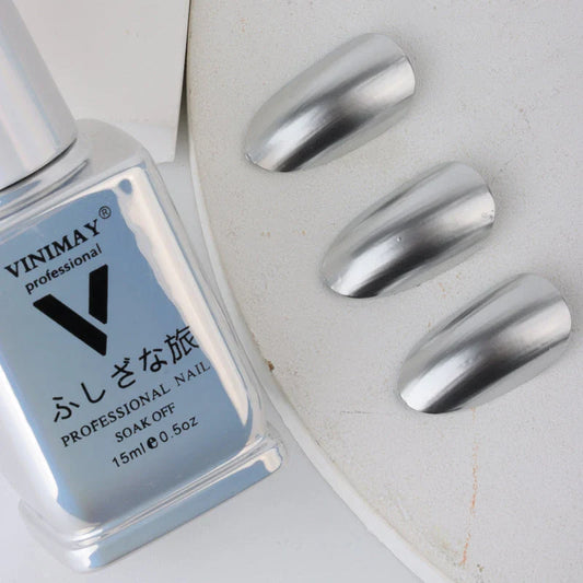 Metallic Mirror Silver Gel Nail Polish with a luxurious, high-gloss finish