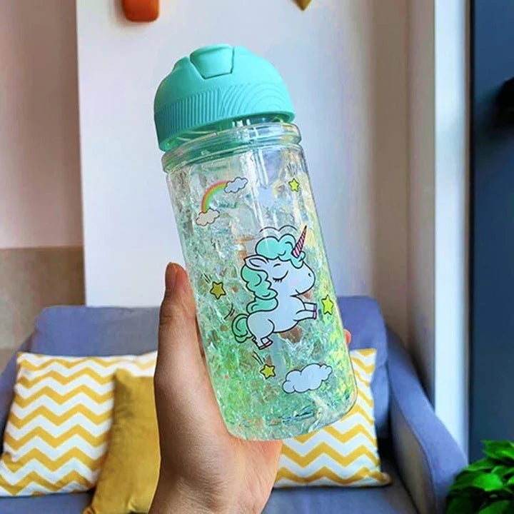 A reusable water bottle with a vibrant unicorn print design and dual straw feature, perfect for on-the-go hydration and adding a touch of whimsy to your day.
