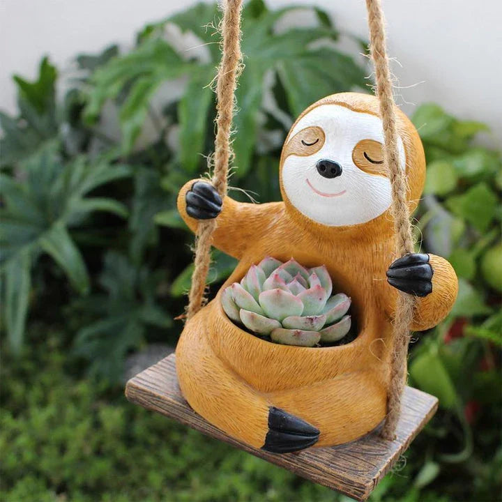 Charming Swing Sloth Planter - Decorative Resin Flower Pot for Home and Garden Decor