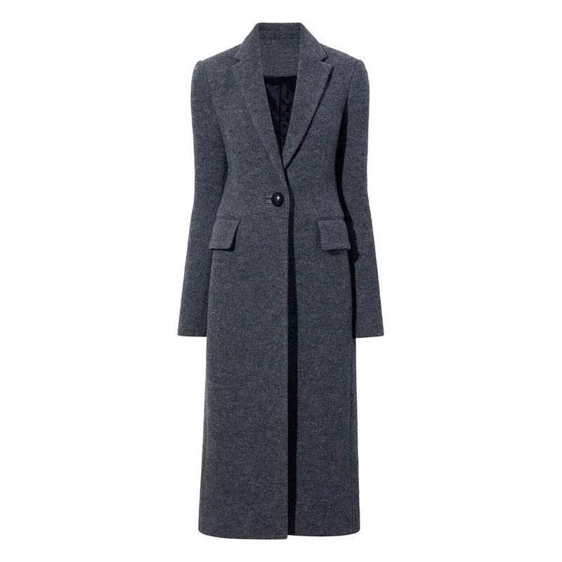 Elegant woolen long coat for women featuring a stylish turn-down collar and single-button closure for a chic, sophisticated look.