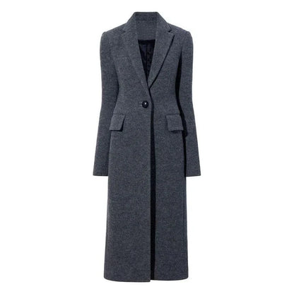 Elegant woolen long coat for women featuring a stylish turn-down collar and single-button closure for a chic, sophisticated look.