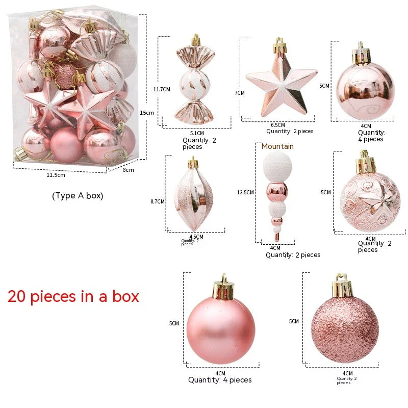Rose gold Christmas ornaments in a gift box, including gourds and candy canes, for elegant holiday decor