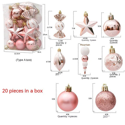 Rose gold Christmas ornaments in a gift box, including gourds and candy canes, for elegant holiday decor