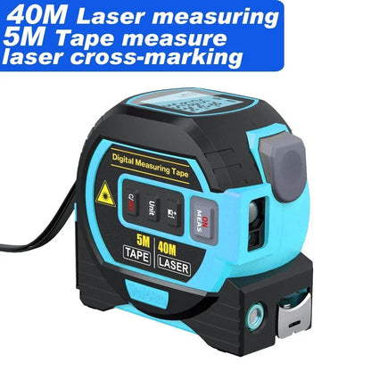 Multifunctional Laser Distance Meter with 5-meter tape measure and laser cross-marking features for precise measurements in construction and DIY projects.
