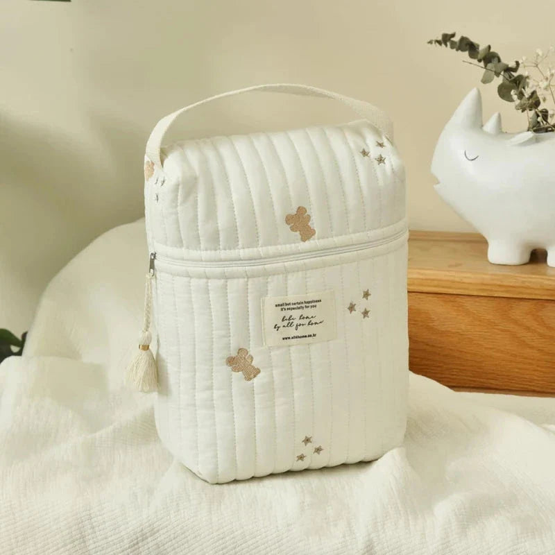 Floral embroidered mommy bag with multiple compartments and secure zipper closure for organized storage