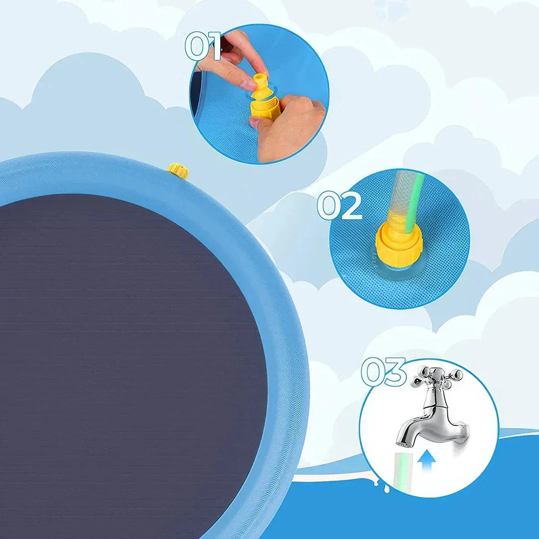 Inflatable blue dog splash pool and sprinkler mat with water jets, perfect for outdoor summer fun