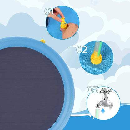 Inflatable blue dog splash pool and sprinkler mat with water jets, perfect for outdoor summer fun