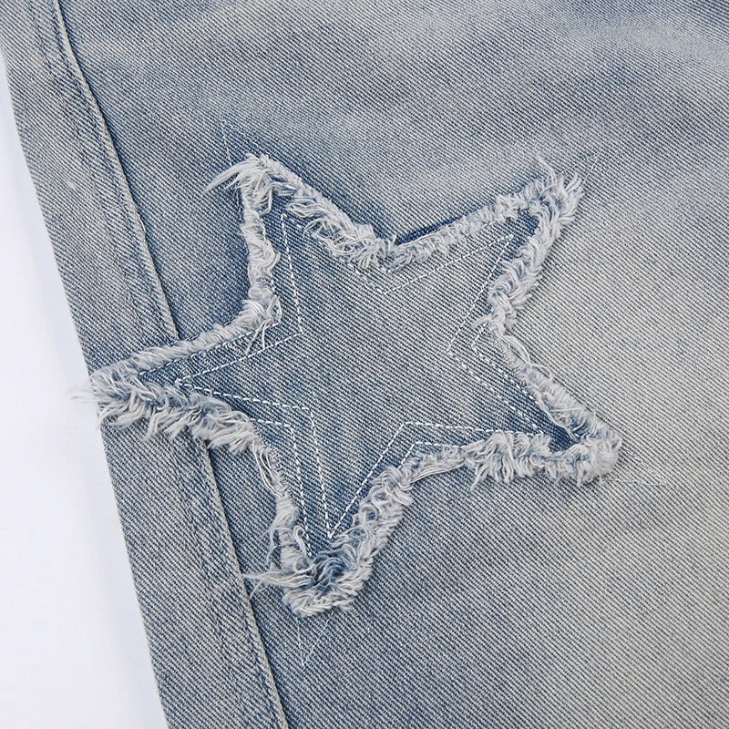 Premium embroidered high-rise straight leg denim jeans in a classic blue color