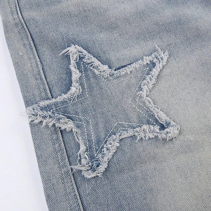 Premium embroidered high-rise straight leg denim jeans in a classic blue color