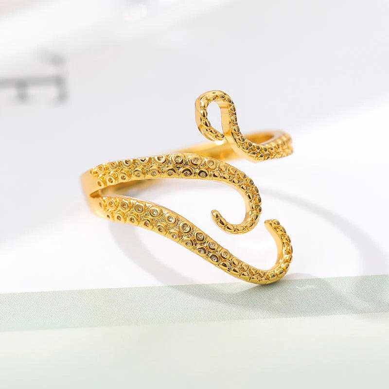 Adjustable Octopus Tentacle Wrap Ring in Gold, a unique and eye-catching piece of jewelry with a marine-inspired design