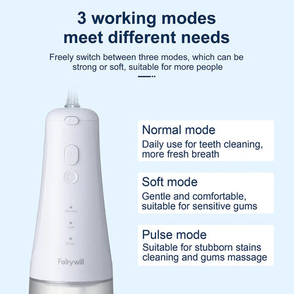 Cordless water flosser with three cleaning modes and a detachable water tank for a superior oral hygiene experience.