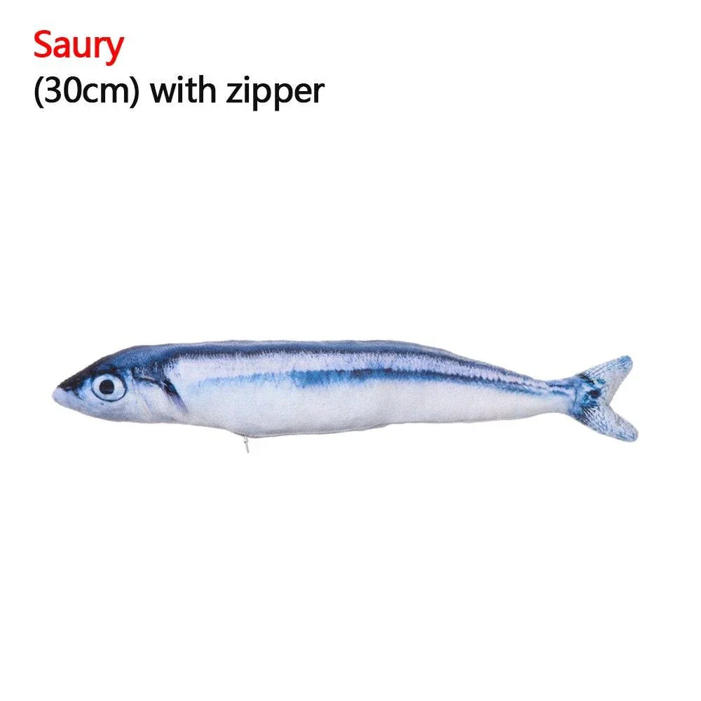 A realistic-looking plush fish toy in an aquatic-themed design, perfect for interactive playtime with your cat or dog.