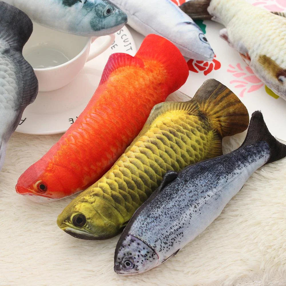 A realistic-looking plush fish toy in an aquatic-themed design, perfect for interactive playtime with your cat or dog.