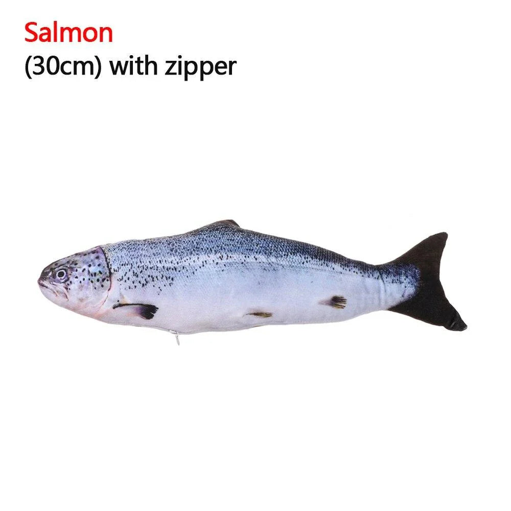 A realistic-looking plush fish toy in an aquatic-themed design, perfect for interactive playtime with your cat or dog.